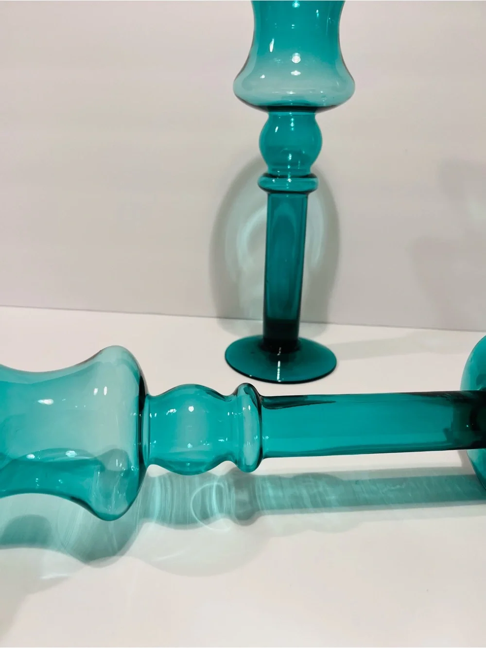 Vintage Emerald Green Handblown Glass Set of 2 Candle Holders 11”